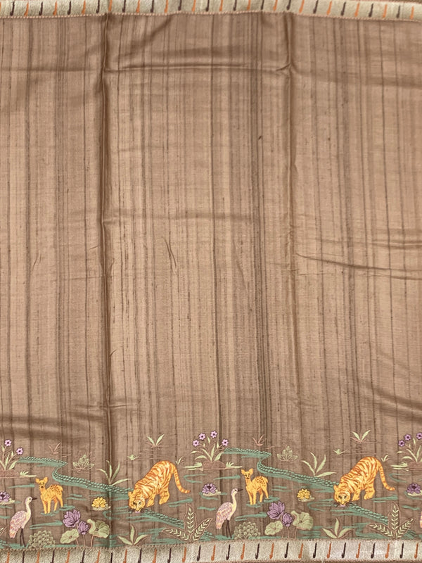 Brick Red Tussore Silk Saree with Kalamkari Peacock Mandala & Mirror Embroidery