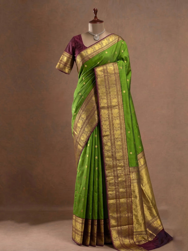 Vibrant Leaf Green and Deep Plum Kanjeevaram Silk Saree