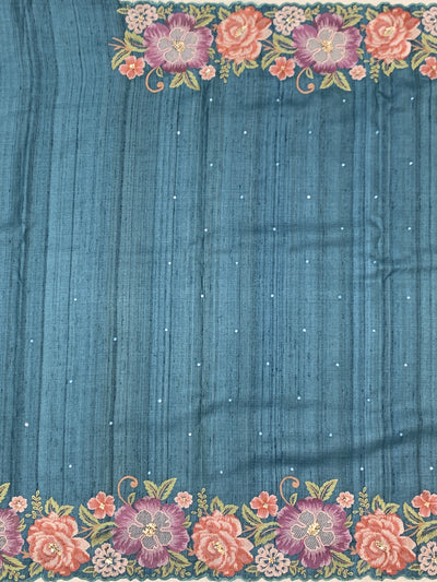 Elegant Sea-Green Tussore Silk Saree with Scalloped Floral Embroidery