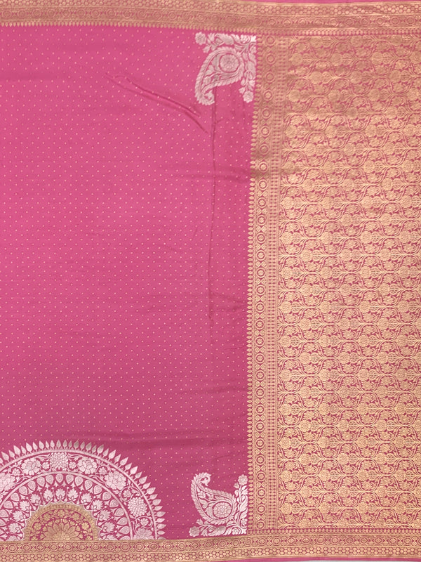 Rose Pink Mashru Silk Saree with Zari Polka Dots & Floral Pallu
