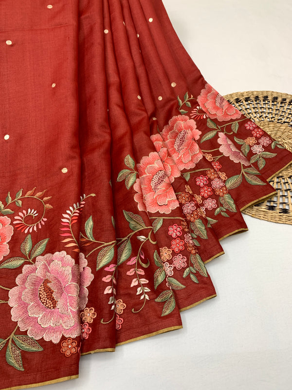Radiant Red Tussore Saree with Aari Work