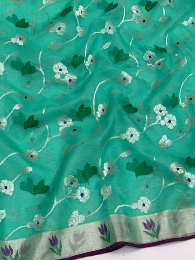 Zari Kota Saree Sea-Green In Color