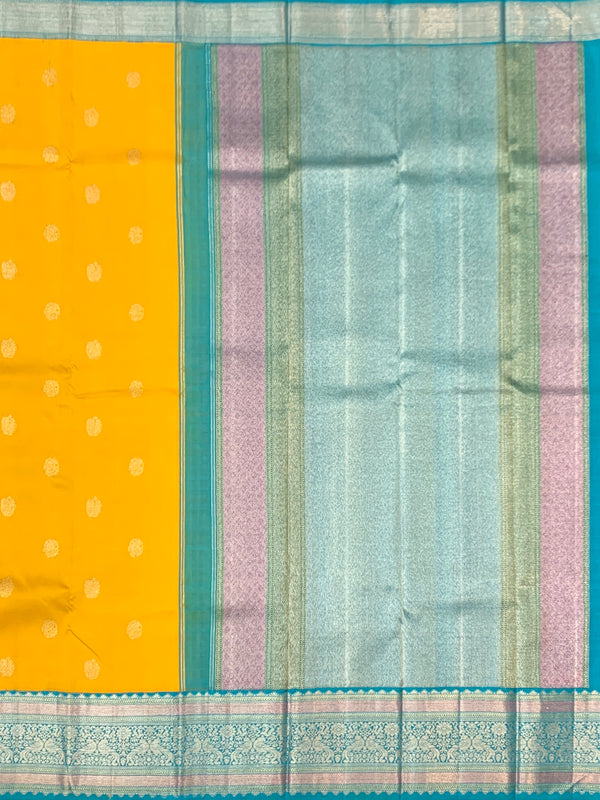 Vibrant Golden Yellow & Turquoise kanjeevaram Silk Saree