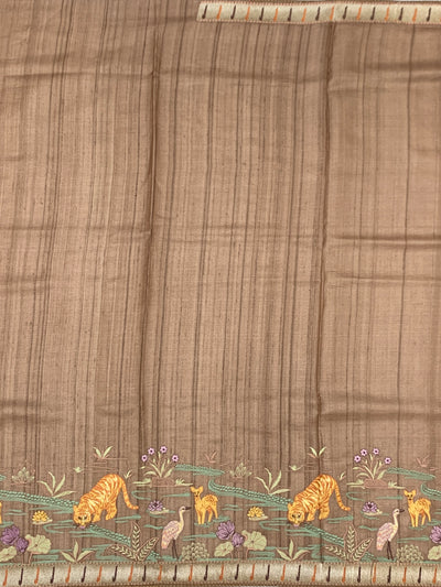 Brick Red Tussore Silk Saree with Kalamkari Peacock Mandala & Mirror Embroidery