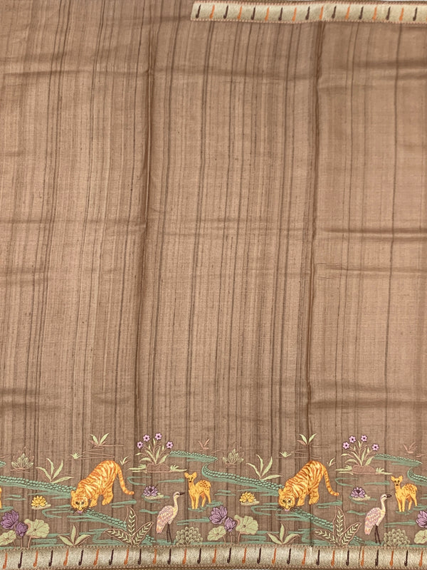 Brick Red Tussore Silk Saree with Kalamkari Peacock Mandala & Mirror Embroidery