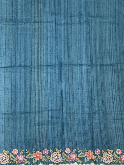 Elegant Sea-Green Tussore Silk Saree with Scalloped Floral Embroidery