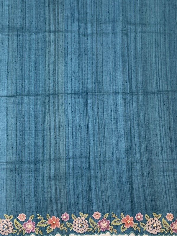 Elegant Sea-Green Tussore Silk Saree with Scalloped Floral Embroidery