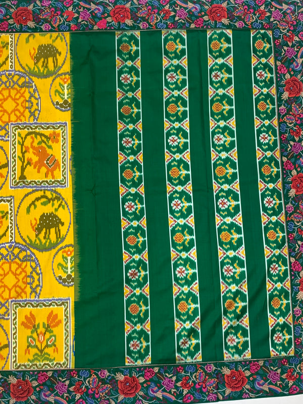 Mustard Yellow & Emerald Green Fusion Patola Saree with Embroidered Border