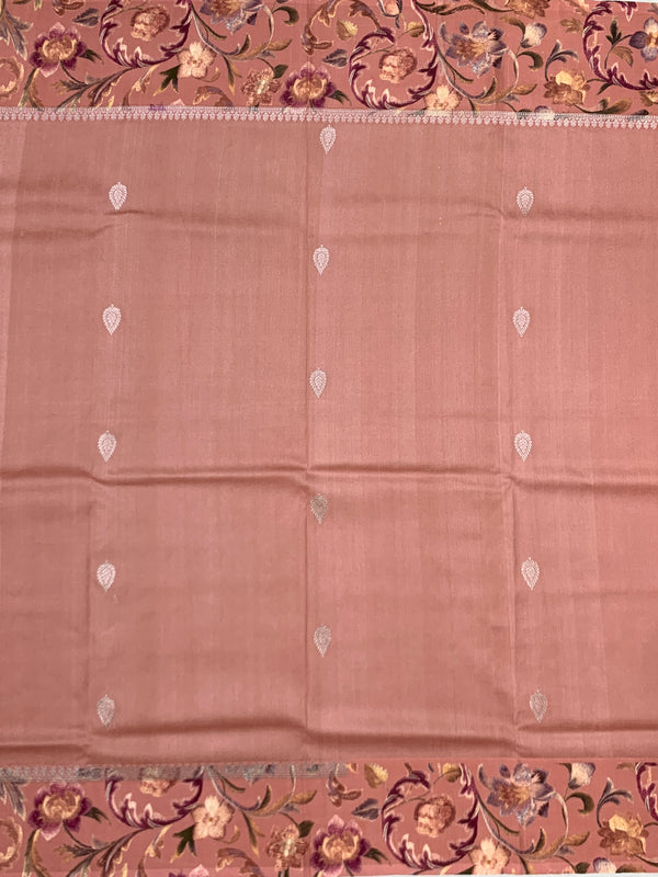 Elegant Dusty Rose Tussore Saree with Floral Printed Border