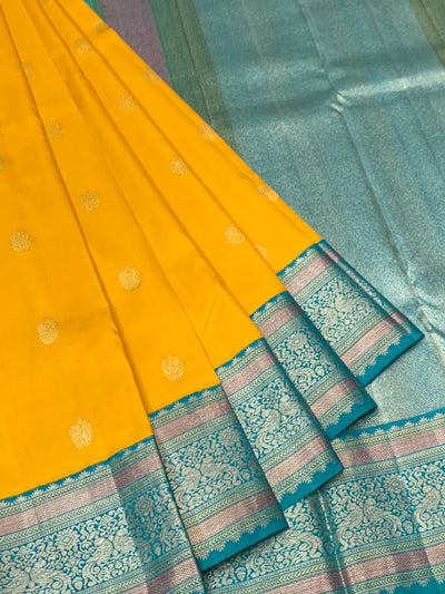 Vibrant Golden Yellow & Turquoise kanjeevaram Silk Saree