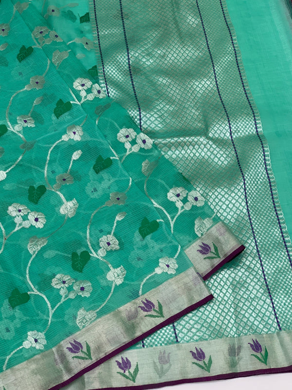 Zari Kota Saree Sea-Green In Color