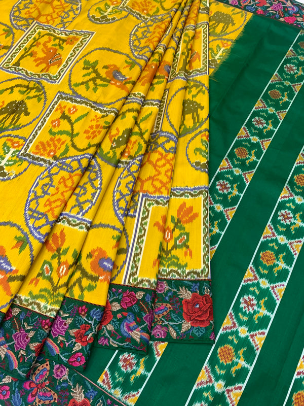 Mustard Yellow & Emerald Green Fusion Patola Saree with Embroidered Border
