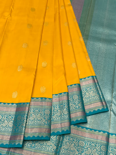 Vibrant Golden Yellow & Turquoise kanjeevaram Silk Saree