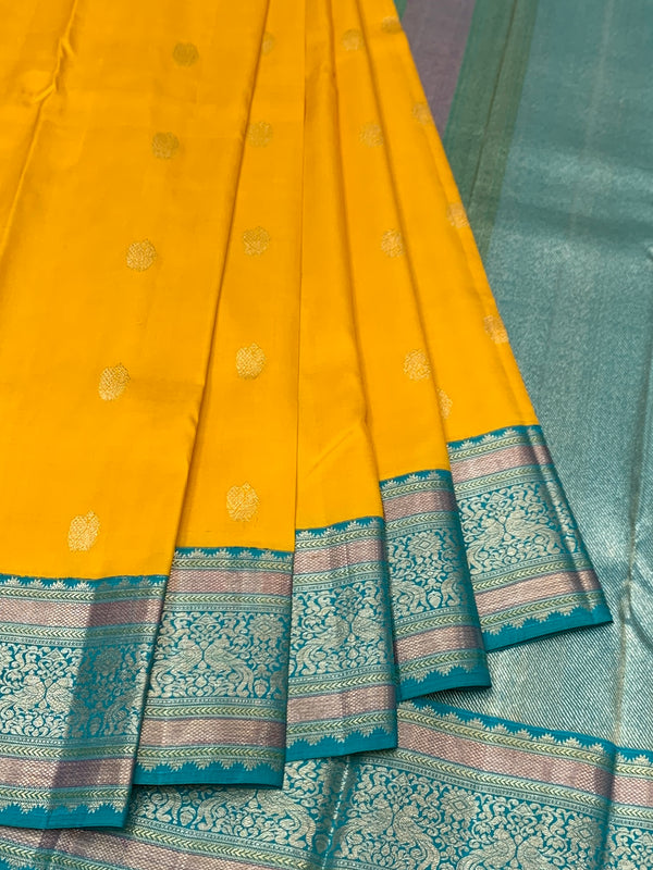 Vibrant Golden Yellow & Turquoise kanjeevaram Silk Saree