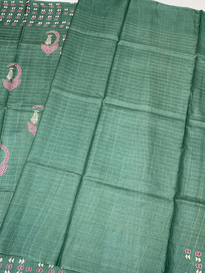Exquisite Sea-Green Tussore Printed Saree with Gold Zari Accents