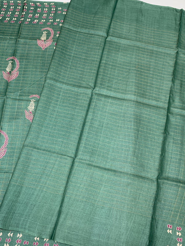 Exquisite Sea-Green Tussore Printed Saree with Gold Zari Accents