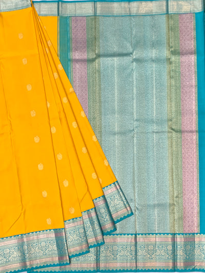 Vibrant Golden Yellow & Turquoise kanjeevaram Silk Saree