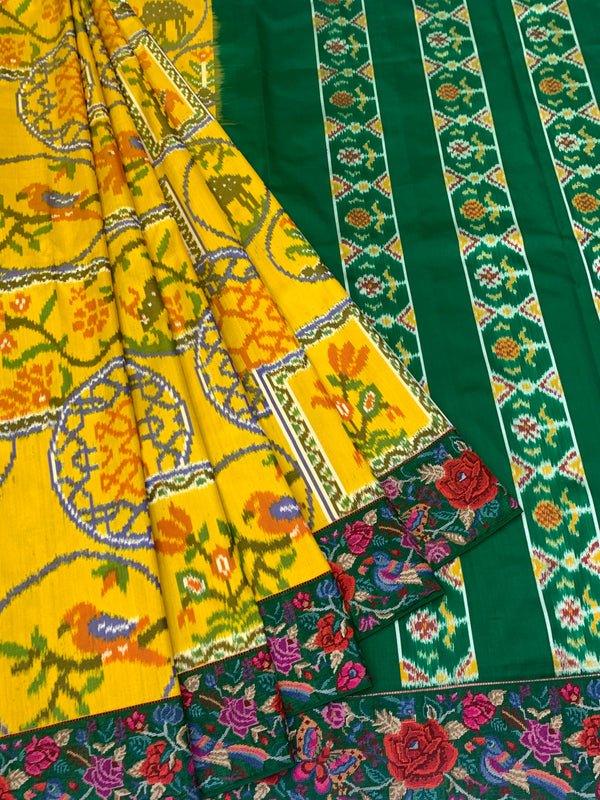 Mustard Yellow & Emerald Green Fusion Patola Saree with Embroidered Border