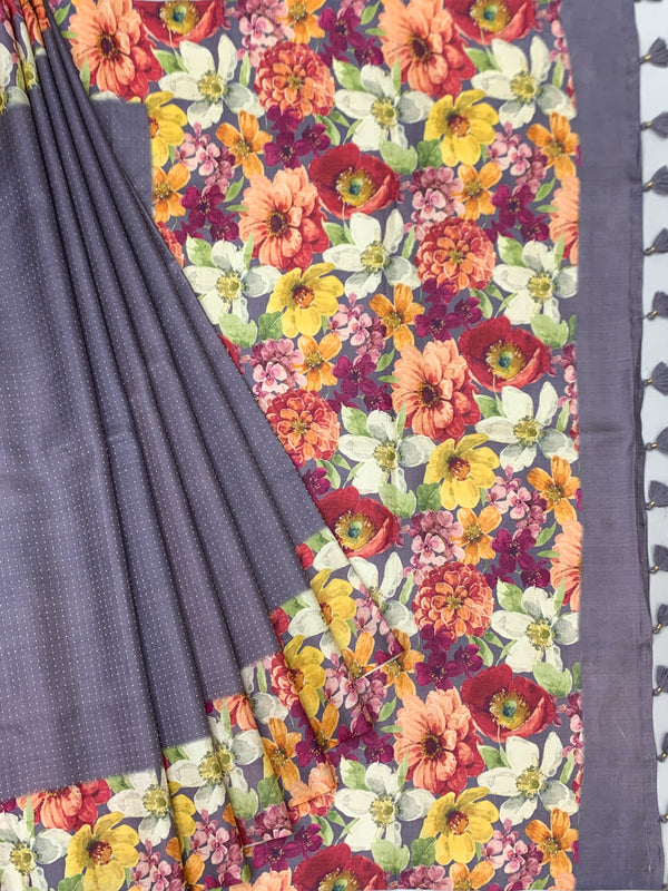 Floral Symphony Tussore Silk Saree in Dusty Mauve