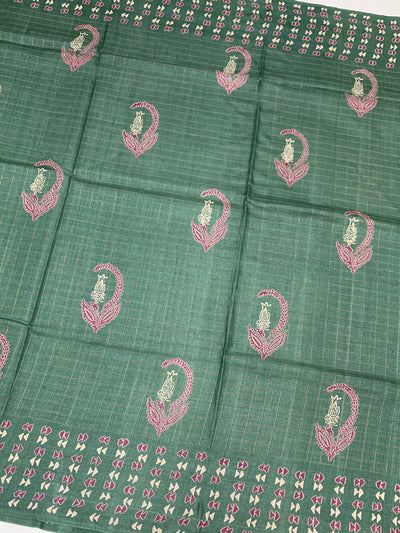 Exquisite Sea-Green Tussore Printed Saree with Gold Zari Accents