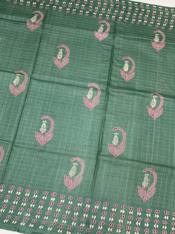 Exquisite Sea-Green Tussore Printed Saree with Gold Zari Accents