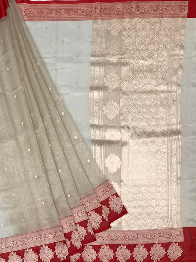Regal Champagne & Red Banarasi Tissue Kora Silk Saree