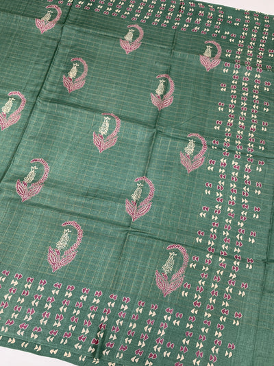 Exquisite Sea-Green Tussore Printed Saree with Gold Zari Accents