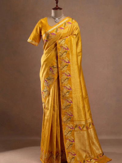 Radiant Golden-Yellow Kanjeevaram Silk Saree with Woven Avian Motifs