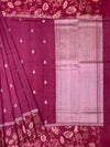 Deep Magenta Tussore Saree with Printed Floral Border and Zari Pallu