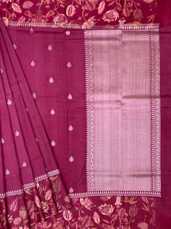 Deep Magenta Tussore Saree with Printed Floral Border and Zari Pallu