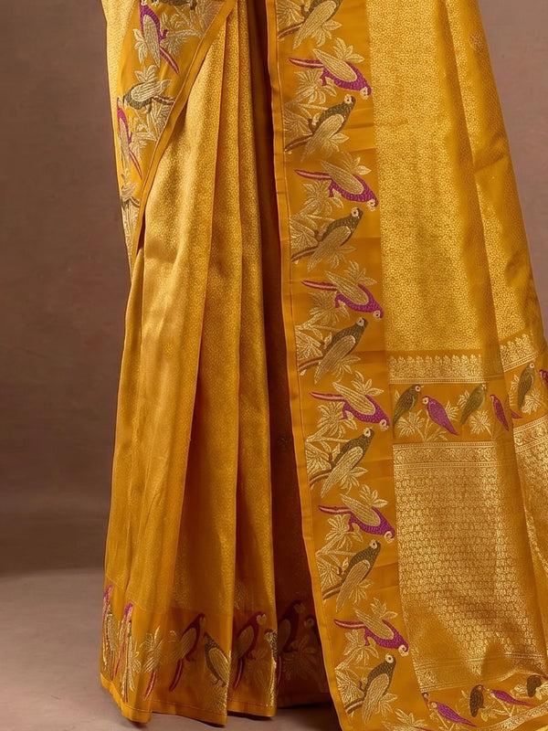 Radiant Golden-Yellow Kanjeevaram Silk Saree with Woven Avian Motifs