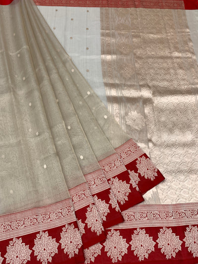 Regal Champagne & Red Banarasi Tissue Kora Silk Saree