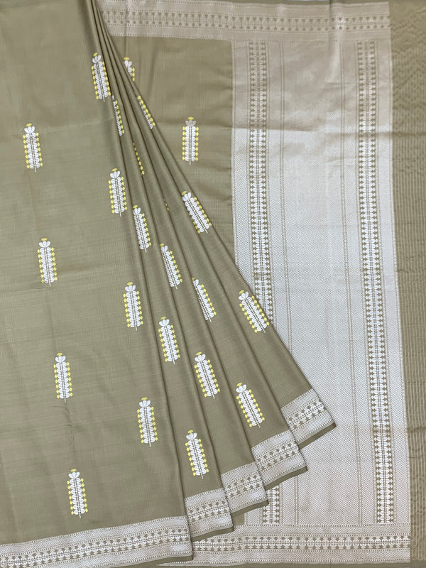 Sophisticated Olive Taupe Mashru Silk Saree with Floral Bootis & Silver Zari Pallu