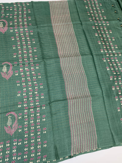 Exquisite Sea-Green Tussore Printed Saree with Gold Zari Accents