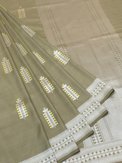 Sophisticated Olive Taupe Mashru Silk Saree with Floral Bootis & Silver Zari Pallu