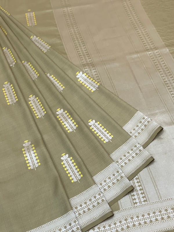 Sophisticated Olive Taupe Mashru Silk Saree with Floral Bootis & Silver Zari Pallu