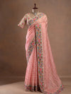 Blush Pink Cotton Chanderi Saree with Woven Stripes & Floral Embroidery