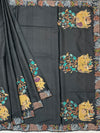 Charcoal Grey Tussore Silk Saree with Pichwai Cow & Botanical Tree Embroidery