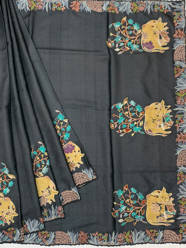 Charcoal Grey Tussore Silk Saree with Pichwai Cow & Botanical Tree Embroidery