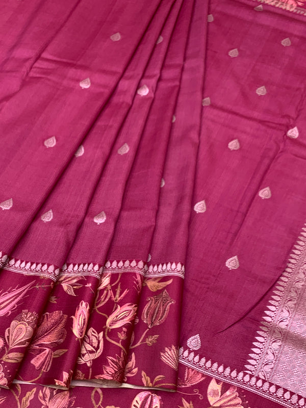 Deep Magenta Tussore Saree with Printed Floral Border and Zari Pallu