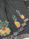 Charcoal Grey Tussore Silk Saree with Pichwai Cow & Botanical Tree Embroidery