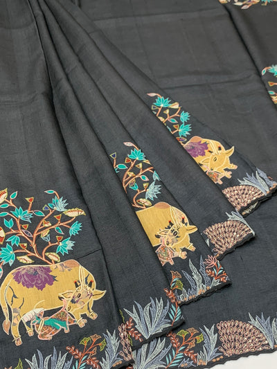 Charcoal Grey Tussore Silk Saree with Pichwai Cow & Botanical Tree Embroidery