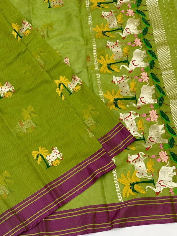 Zari Kota Saree Mehendi-Green In Color