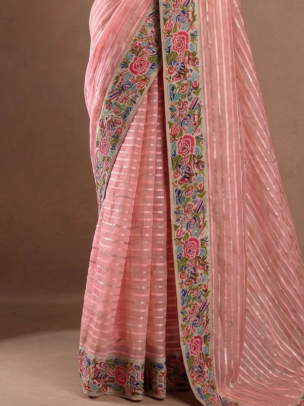 Blush Pink Cotton Chanderi Saree with Woven Stripes & Floral Embroidery