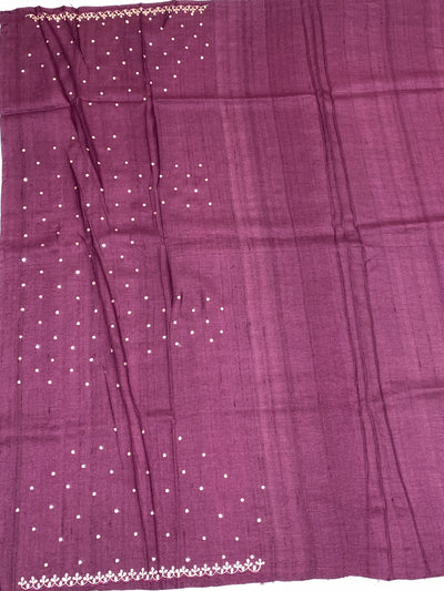 Exquisite Wine Tussore Saree With All-Over Aari & Mirror Work
