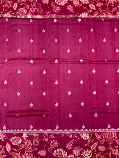 Deep Magenta Tussore Saree with Printed Floral Border and Zari Pallu
