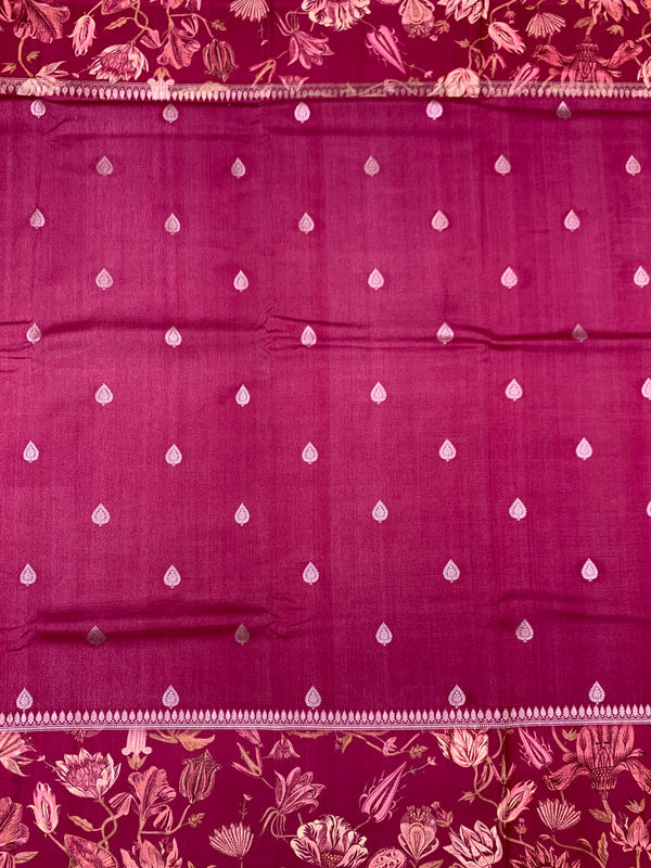 Deep Magenta Tussore Saree with Printed Floral Border and Zari Pallu