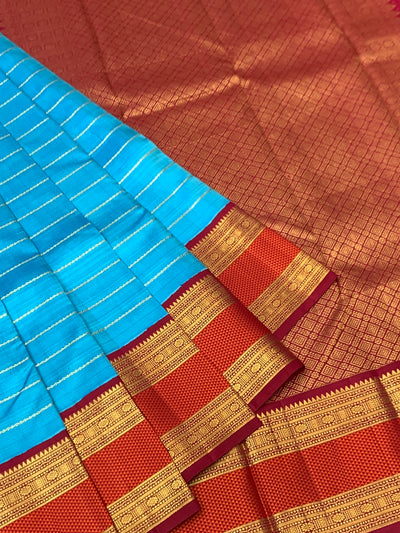 Brilliant Sky Blue & Magenta Kanjeevaram Silk Saree with Heavy Zari Pallu
