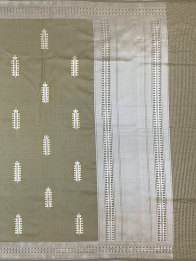 Sophisticated Olive Taupe Mashru Silk Saree with Floral Bootis & Silver Zari Pallu