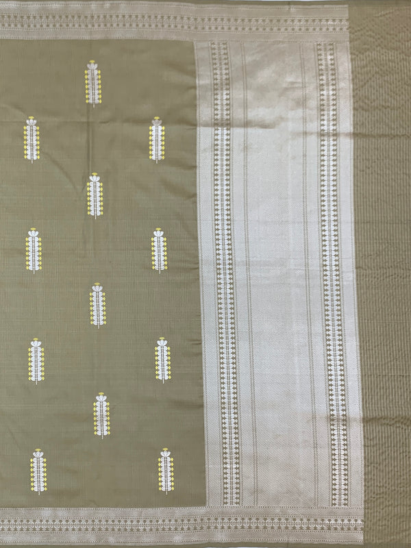 Sophisticated Olive Taupe Mashru Silk Saree with Floral Bootis & Silver Zari Pallu